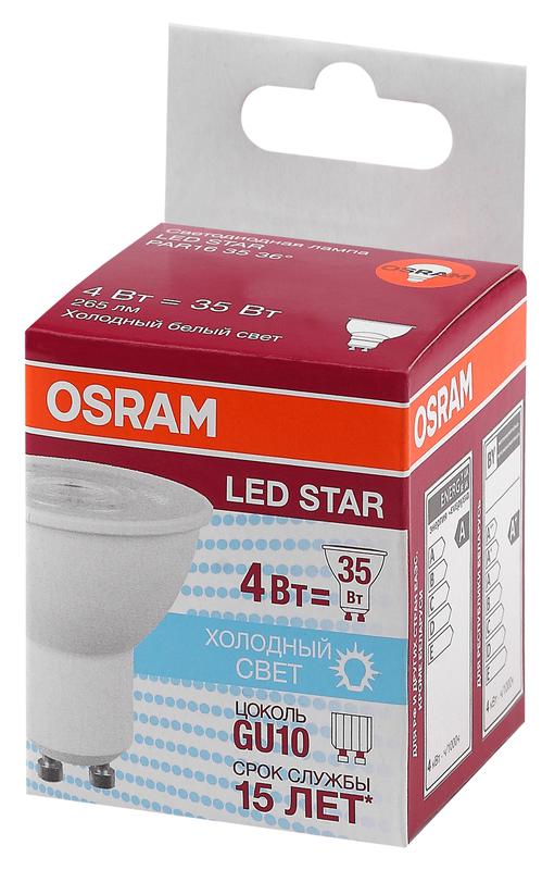 Лампа светодиодная LED Star PAR16 3536 4W/840 230V GU10 PAR16 4Вт прозрачная 4000К нейтр. бел. GU10 265лм 220-240В пластик. (замена 35Вт) OSRAM 4058075481374 1