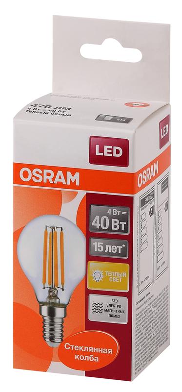 Лампа светодиодная филаментная LED STAR CLASSIC P 40 4W/827 4Вт шар 2700К тепл. бел. E14 470лм 220-240В прозр. стекло OSRAM 4058075068377 2