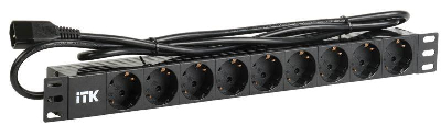 Блок розеток 9 мест PDU (немец. станд.) DIN 49440 алюм. профиль 1U шнур 2м; вилка IEC 320 C14; черн. ITK PH22-9D2