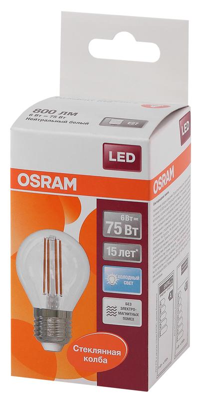 Лампа светодиодная филаментная LS CL P75 6W/840 FIL E27 230В OSRAM 4058075218239 1
