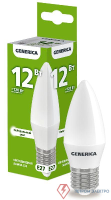 Лампа светодиодная C35 12Вт свеча 4000К E27 230В GENERICA LL-C35-12-230-40-E27-G