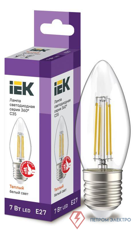 Лампа светодиодная филаментная 360° 7Вт C35 свеча 3000К E27 230В прозр. IEK LLF-C35-7-230-30-E27-CL