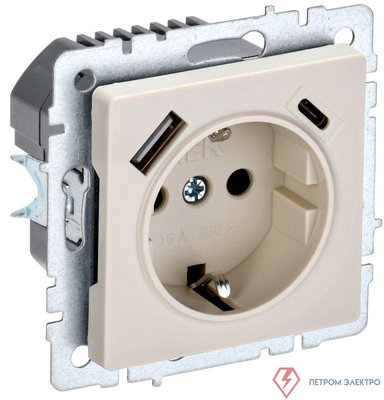 Розетка BRITE РЮш11-1-БрКр 16А с USB A+C 18Вт с заземл. защ. шторки механизм беж. IEK BR-R14-16-U22-018-K10