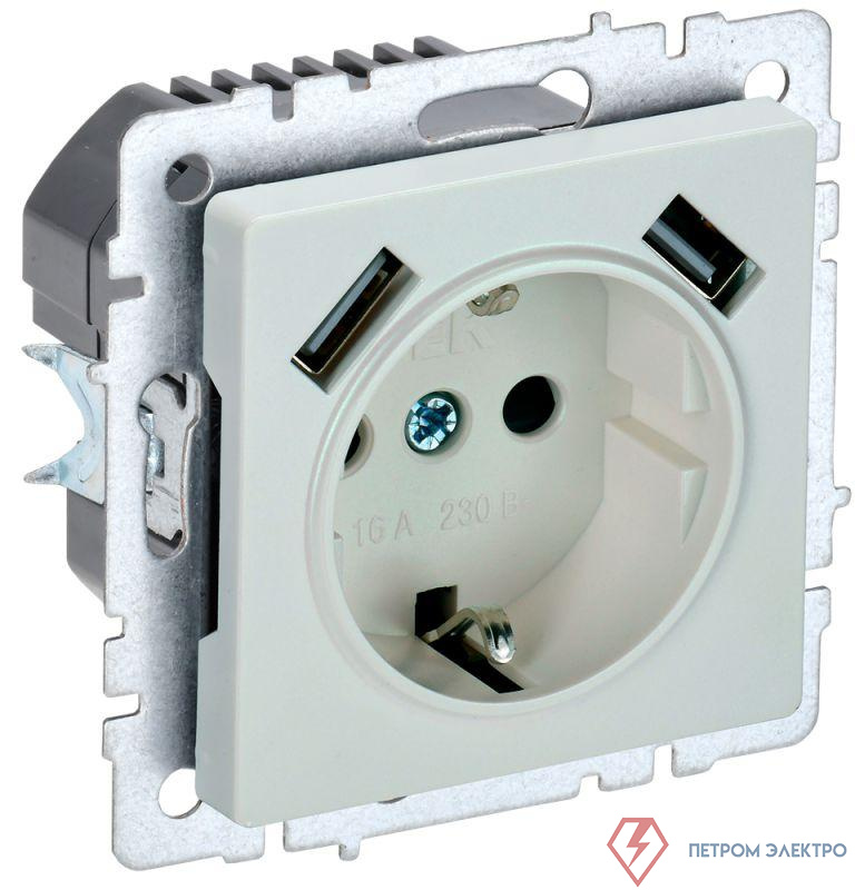 Розетка BRITE РЮш10-2-БрЖ 16А с USB A+A 3.1А с заземл. защ. шторки механизм жемчуж. IEK BR-R14-16-U21-D31-K36