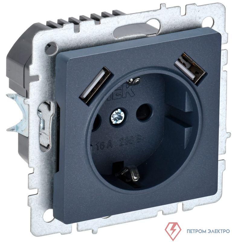 Розетка BRITE РЮш10-1-БрМ 16А с USB A+A 2.1А с заземл. защ. шторки механизм маренго IEK BR-R14-16-U21-D21-K35