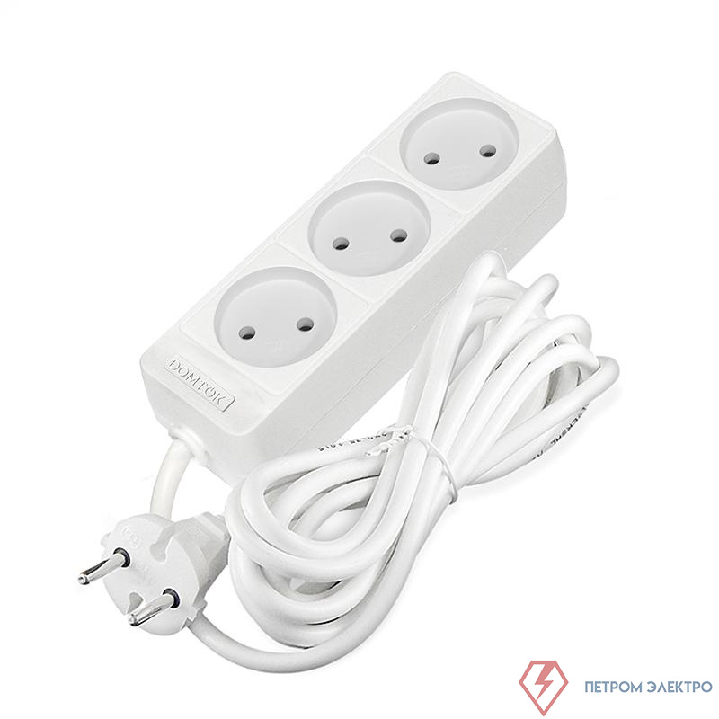 Удлинитель 3х3м без заземл. 10А IP20 2.2кВт ПВС 2х0.75 бел. DOMTOK 2371