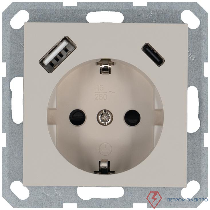 Розетка Shuko 16А с заземл. защ. шторки с 2-мя заряд. устройствами USB тип A+C 25Вт механизм тауп Jasmart G5501USB-25T