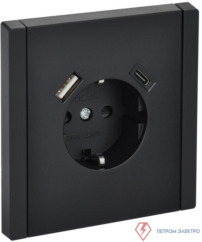 Розетка FORTE&PIANO FP147 16А USB A+C 18Вт с заземл. защ. штроки винт. крепл. черн. IEK FP-R14-16-U22-018-K02