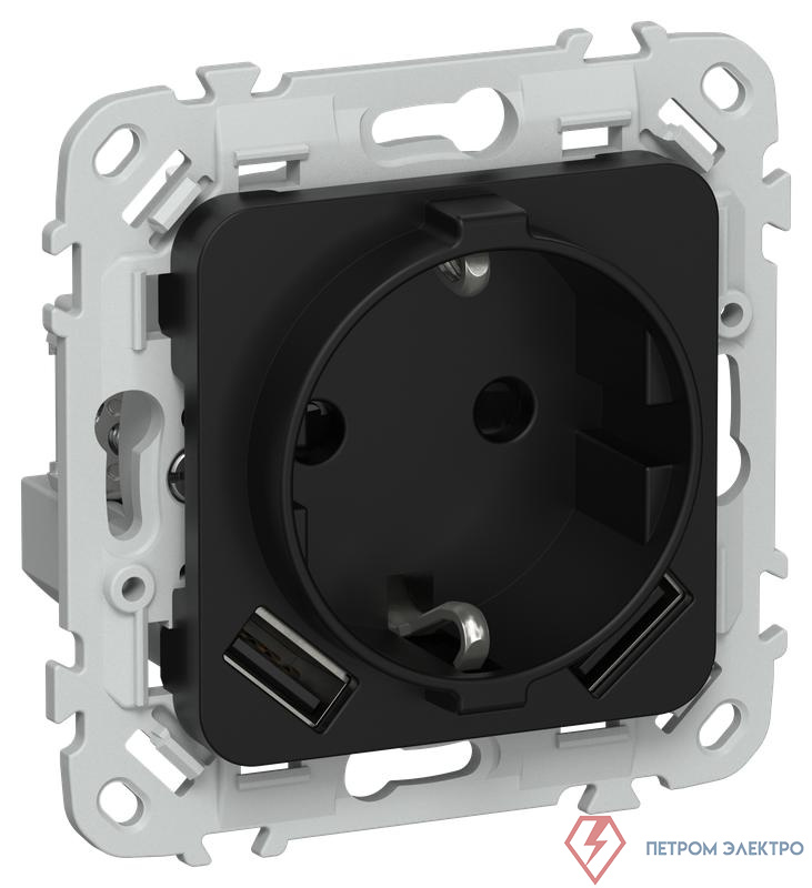 Розетка 1-м СП FLITE РСЮша11-1-ФлЧ 16А с USB A+A 3.1А с заземл. с защ. шторками безвинтовое крепление механизм черн. IEK FI-R14-16-1-U21-D31-K02