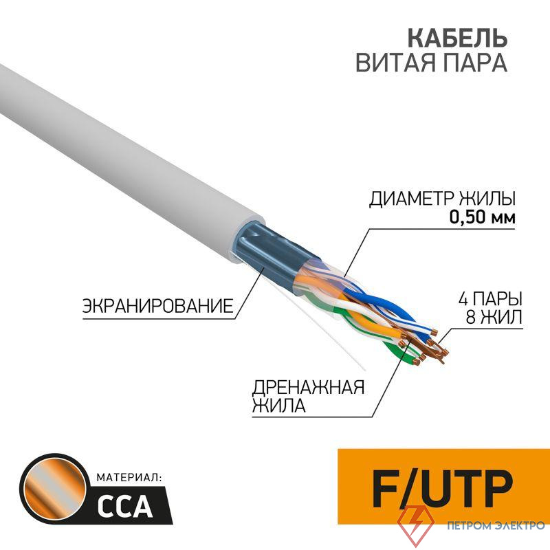 Кабель витая пара F/UTP кат.5e 4х2х0.50 24AWG solid CCA PVC INDOOR омедненный сер. (уп.50м) PROCONNECT 01-0142-3-50