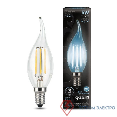 Лампа светодиодная филаментная Black Filament 5Вт свеча на ветру 4100К нейтр. бел. E14 450лм GAUSS 104801205