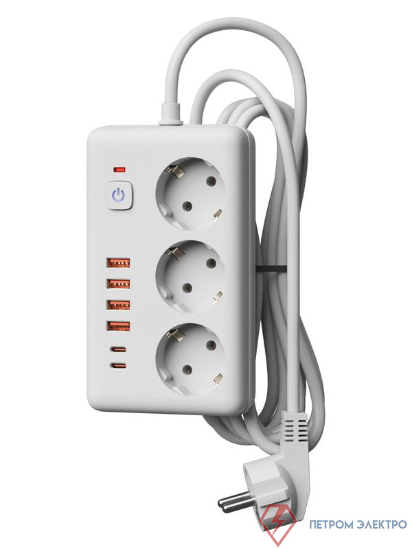 Удлинитель с сетевым фильтром 3х5м 10А 4USB + 2USBC 2500Вт ПВС 3х1 прямоуг. бел. КОСМОС FKsmPR-5m-3g(W)USB
