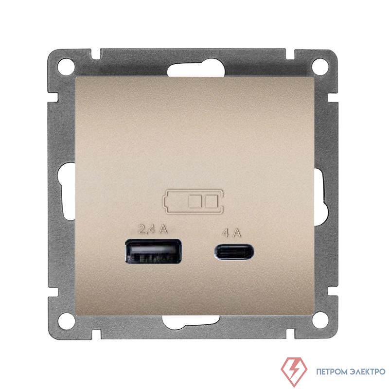Розетка 2-м USB СП Афина тип А+С 5В 1х2.4А 2х4А механизм жемчуж. Universal A0059-OBr