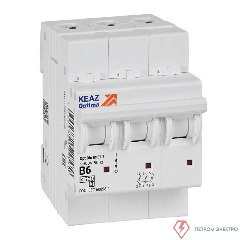 Выключатель автоматический модульный 3п B 6А OptiDin BM63-3B6-4.5-УХЛ3 КЭАЗ 329517