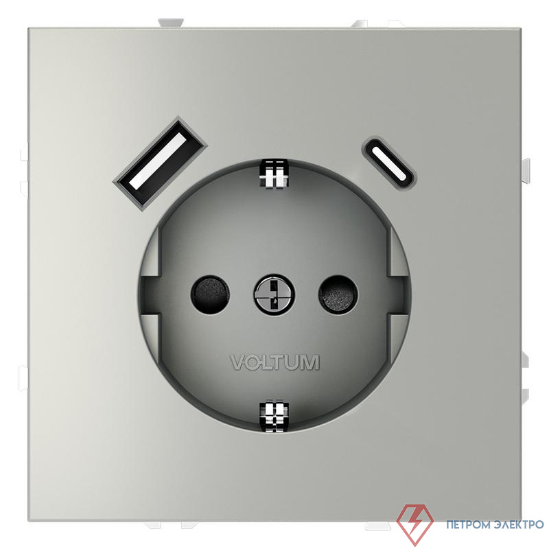 Розетка 1-м СП S70 16А с USB A+С с заземл. защ. шторки механизм сталь Voltum VLS040505
