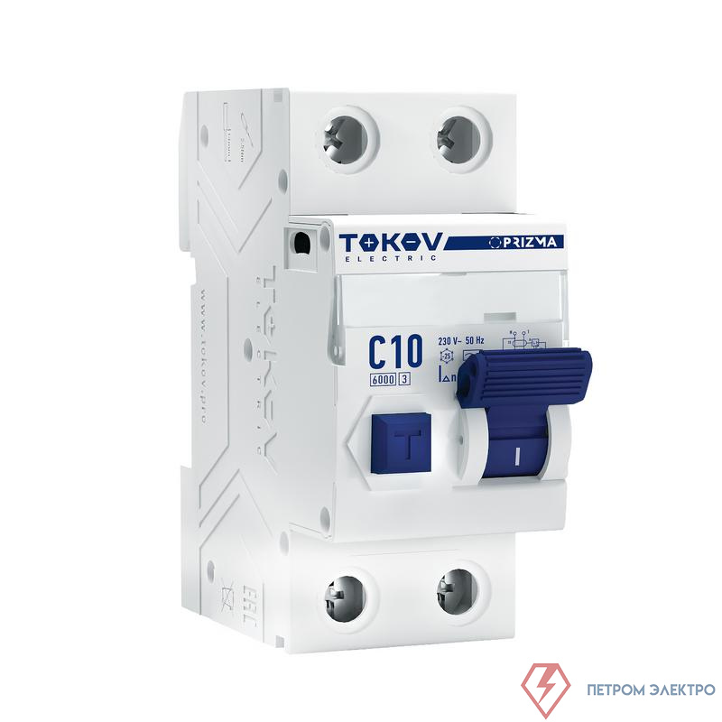 Выключатель автоматический дифференциального тока 2п (1P+N) C 10А 30мА тип AC 6кА PRIZMA TOKOV ELECTRIC TKE-PZ60-RCBO-2-10-30-AC