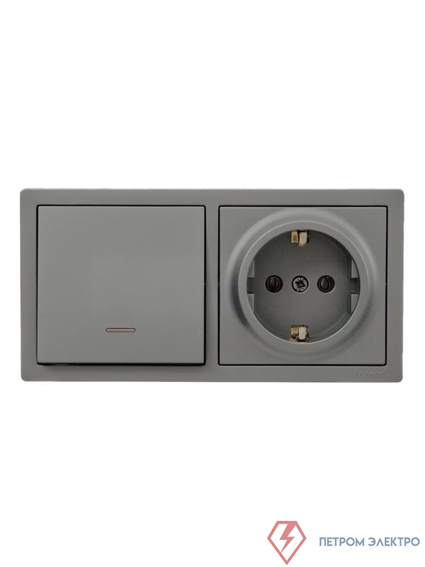 Блок ОП LETO (1-кл. выключатель с индикацией + 1-м розетка с заземл.) горизонт. платина LEZARD 752-3500-170BIP