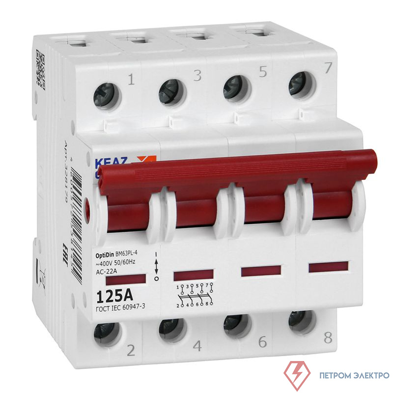 Выключатель нагрузки модульный 4п 25А OptiDin BM63PL-4125-УХЛ3 (ВМ63PL) КЭАЗ 328179