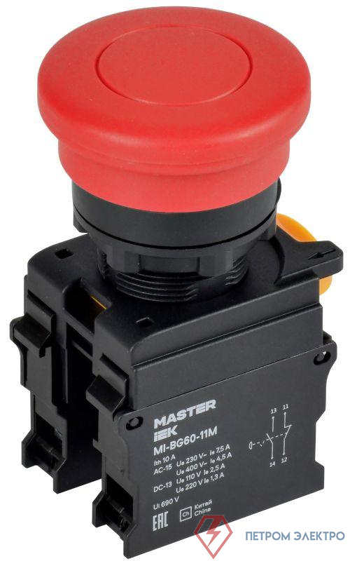 Кнопка "Грибок" d22мм 1НО+1НЗ MASTER с фиксацией красн. IEK MI-BG60-11M-3-21-K04