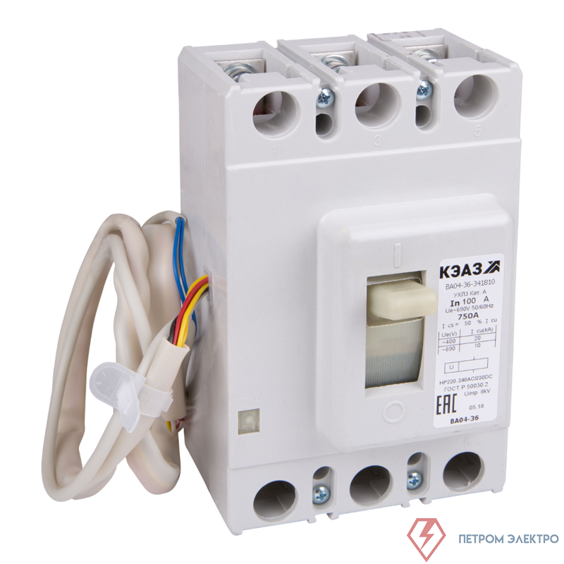 Выключатель автоматический 3п 100А 750Im 20кА ВА04-36-341810 УХЛ3 690В AC НР=220..240В AC/220В DC КЭАЗ 107610