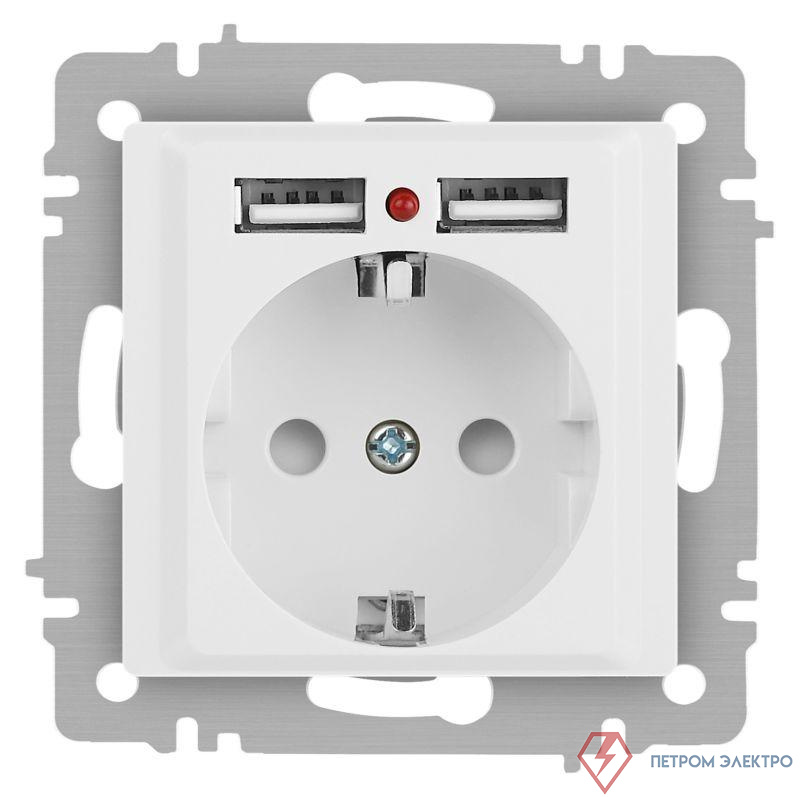 Розетка Accent 6-410-01М P+E Schuko со шторками 16А-250В + 2хUSB IP20 СУ бел. матов. Intro Б0063691