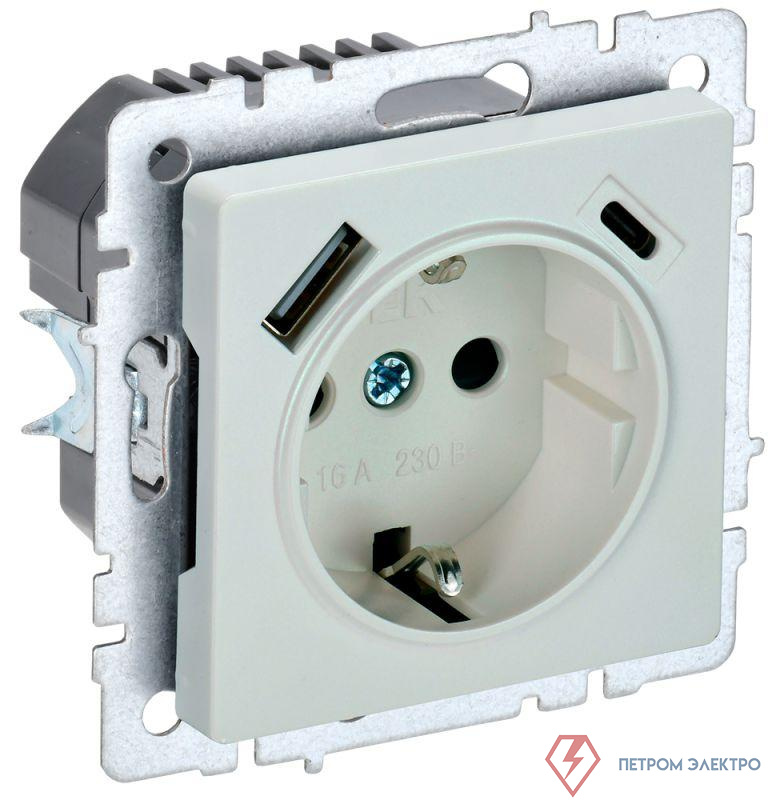 Розетка BRITE РЮш11-1-БрЖ 16А с USB A+C 18Вт с заземл. защ. шторки механизм жемчуж. IEK BR-R14-16-U22-018-K36