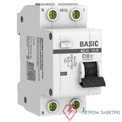Выключатель автоматический дифференциального тока 2п (1P+N) C 10А 30мА тип AC 4.5кА АД-12 Basic EKF DA12-10-30-bas