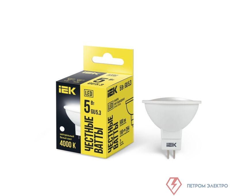 Лампа светодиодная 5Вт MR16 софит 4000К нейтр. бел. GU5.3 450лм 230-240В IEK LLE-MR16-5-230-40-GU5