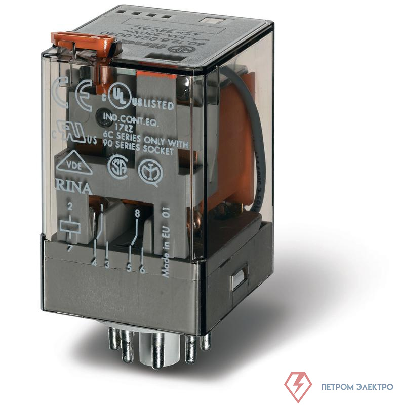 Реле универсальное электромеханич. монтаж в розетку 8-штырьковый разъем 2CO 10А AgNi 24В DC RTI опции: кнопка тест + мех. индикатор FINDER 601290240040