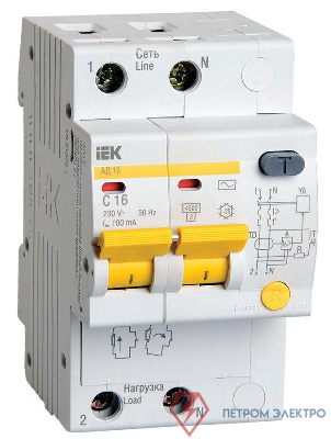 Выключатель автоматический дифференциального тока 2п C 16А 100мА тип AC 4.5кА АД-12 IEK MAD10-2-016-C-100