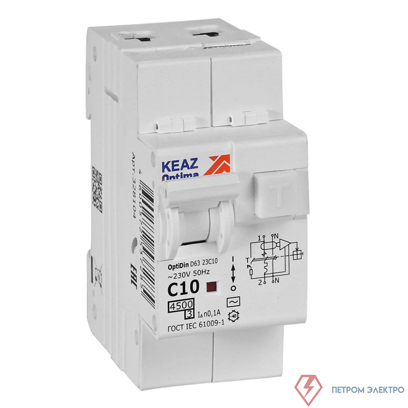 Выключатель автоматический дифференциального тока 2п OptiDin D63-23C10-AC-У3 C10 100мА 4.5кА с защитой от сверхтоков КЭАЗ 328104