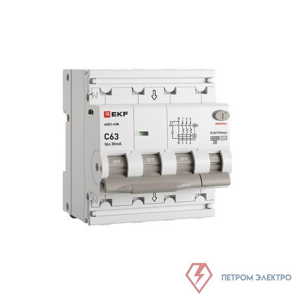 Выключатель автоматический дифференциального тока 4п (3P+N) C 63А 30мА тип AC 6кА АВДТ-63N электронный PROxima EKF D63N46E63C30