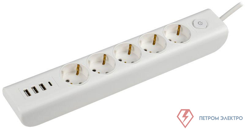 Удлинитель 5х2м с заземл. 16А 250В MODERN У05В с выкл. USBх4 (type-Aх3шт + type-Cх1шт) ПВС 3х1 бел. IEK WYP12-16-05-02-ZKU-K01