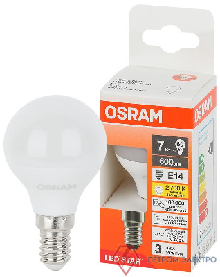 Лампа светодиодная LED Star 7Вт шар 2700К E14 600лм (замена 60Вт) OSRAM 4058075695924