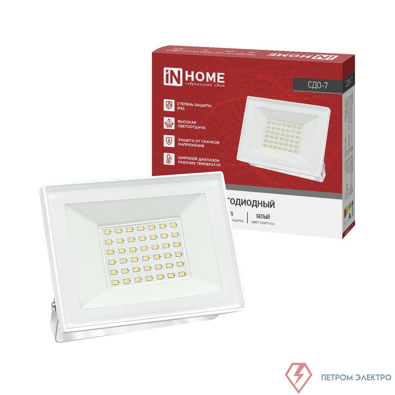 Прожектор светодиодный СДО-7 50Вт 4000К IP65 230В бел. IN HOME 4690612064376