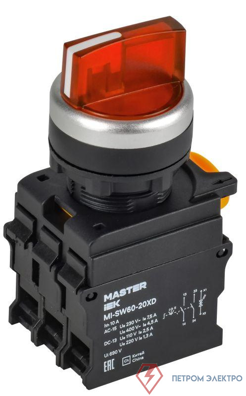 Переключатель 3 полож. 2НО с подсветкой красн. MASTER IEK MI-SW60-20XD-4-14-3-K04