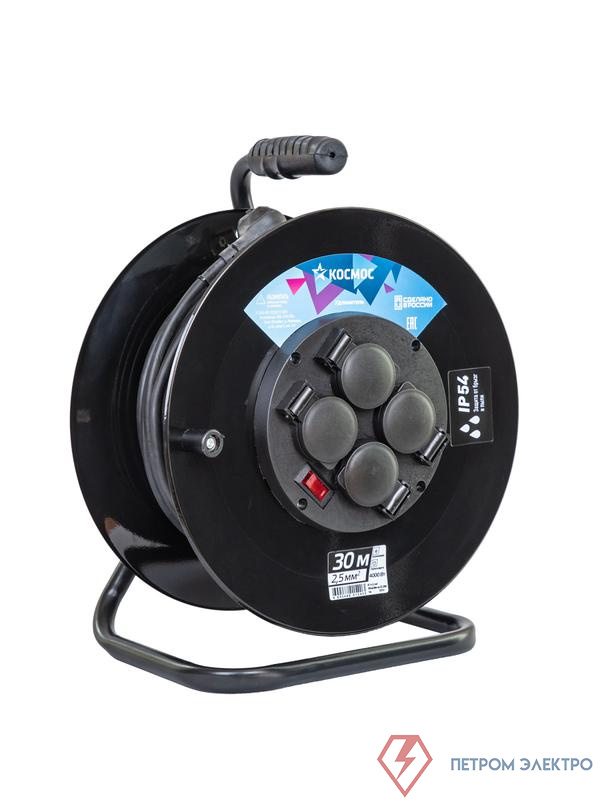 Удлинитель на катушке 4х30м с заземл. 16А IP54 4 гн КГ 3х2.5 термозащ. КОСМОС YKKsm30m-4g-Z(2.5)KG