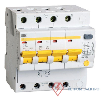 Выключатель автоматический дифференциального тока 4п C 63А 30мА тип AC 4.5кА АД-14 IEK MAD10-4-063-C-030