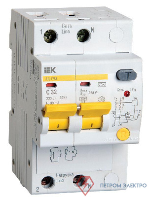 Выключатель автоматический дифференциального тока 2п C 32А 30мА тип A 4.5кА АД-12М IEK MAD12-2-032-C-030