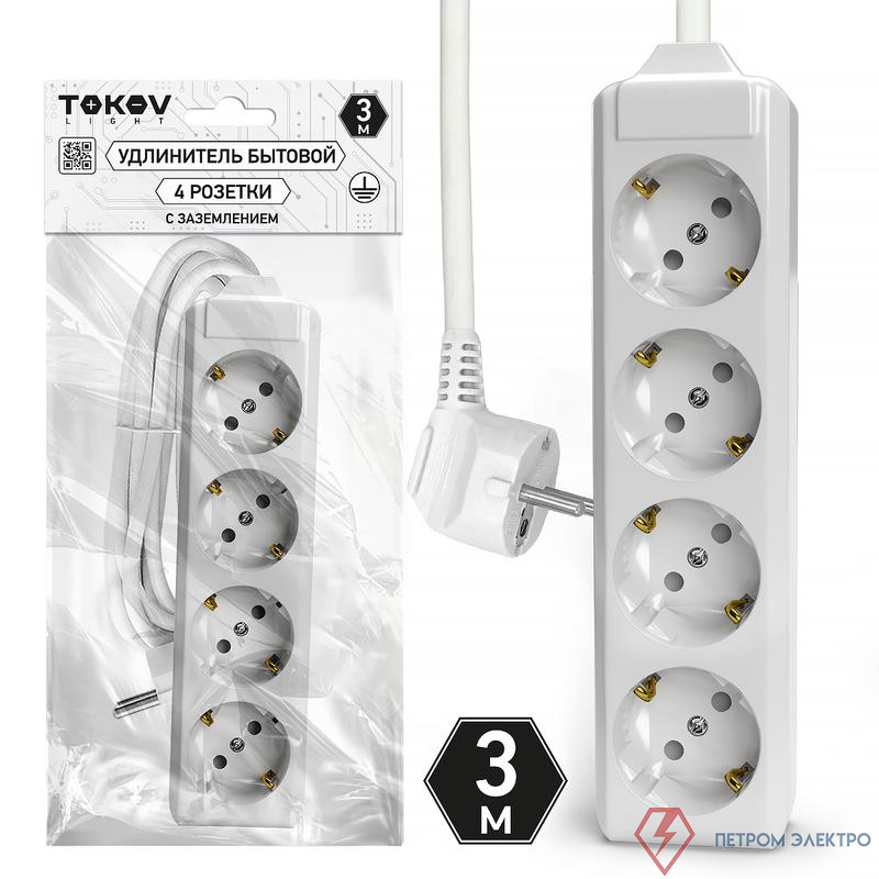 Удлинитель 4х3м с заземл. 10А 3х1.5 TOKOV ELECTRIC TKL-C01-BU4-3-1.5-Z