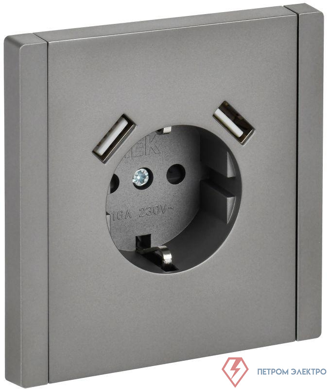 Розетка FORTE&PIANO FP545 16А USB A+A 3.1А с заземл. защ. штроки винт. крепл. сталь IEK FP-R14-16-U21-D31-K46