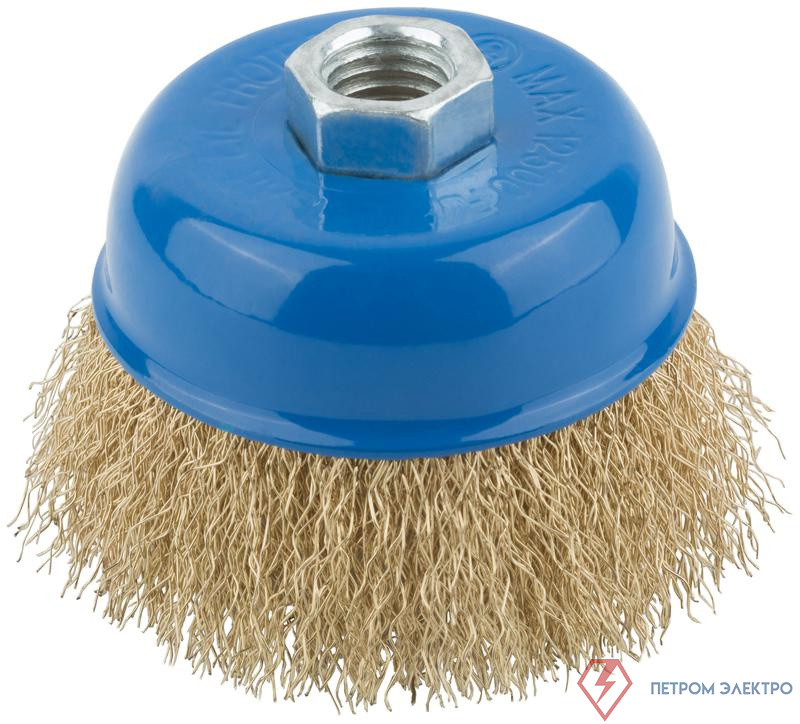 Корщетка тип "чашка" гайка М14 стальная латунированная волнистая проволока 75мм MOS 38942М