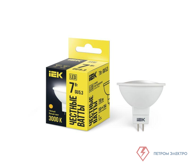 Лампа светодиодная MR16 7Вт 3000К тепл. бел. GU5.3 630лм 230-240В IEK LLE-MR16-7-230-30-GU5 0