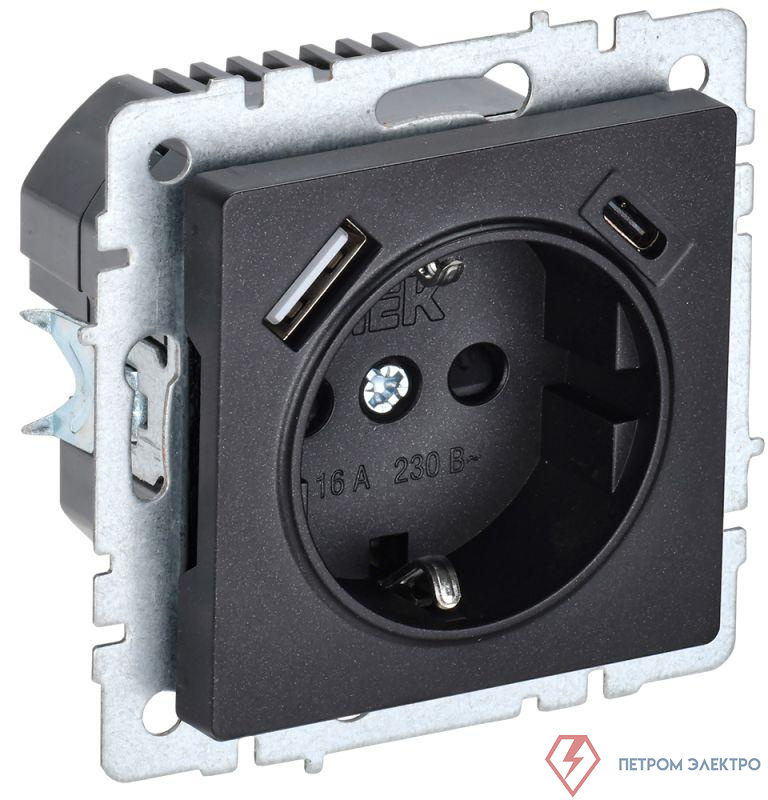 Розетка BRITE РЮш11-1-БрЧ 16А с USB A+C 18Вт с заземл. защ. шторки механизм черн. IEK BR-R14-16-U22-018-K02