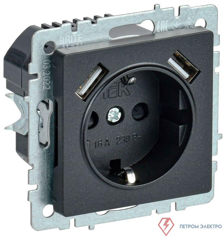 Розетка BRITE РЮш10-1-БрЧ 16А с USB A+A 2.1А с заземл. защ. шторки механизм черн. IEK BR-R14-16-U21-D21-K02