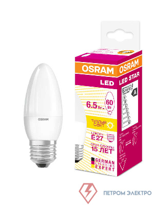 Лампа светодиодная LED STAR CLASSIC B 60 6.5W/830 6.5Вт свеча 3000К тепл. бел. E27 550лм 220-240В матов. пласт. OSRAM 4058075134232 0