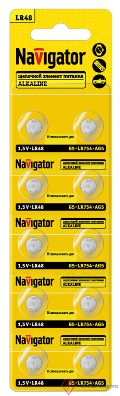 Элемент питания алкалиновый "таблетка" 95 669 NBT-12 (LR48 AG5 LR754 BP10) (блист.10шт) Navigator 95669