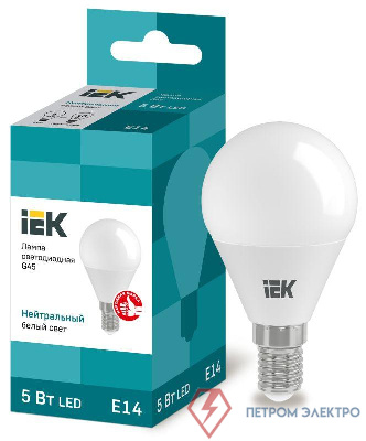 Лампа светодиодная Eco G45 5Вт шар 4000К нейтр. бел. E14 450лм 230-240В IEK LLE-G45-5-230-40-E14 0