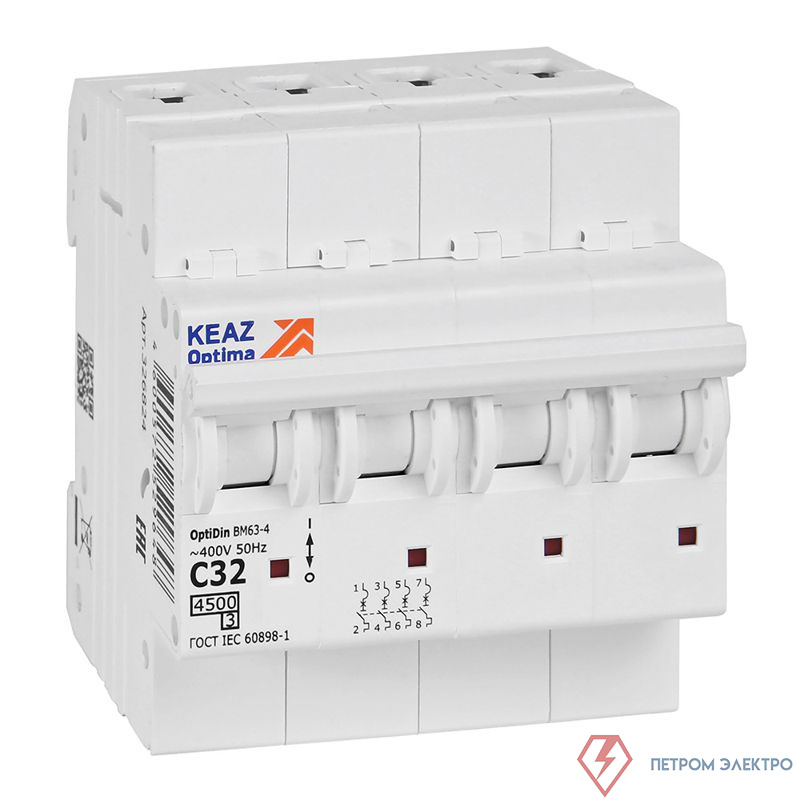 Выключатель автоматический модульный 4п C 32А OptiDin BM63-4C32-4.5-УХЛ3 КЭАЗ 326824
