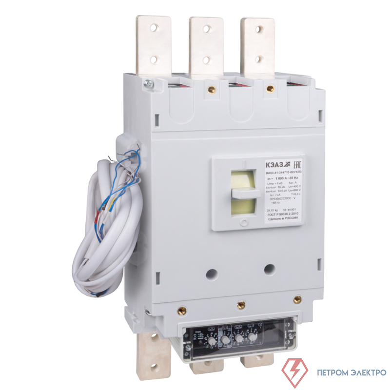 Выключатель автоматический 3п 1000А Im=7000А 135кА ВА53-41-344710 УХЛ3 690В НР=230В AC/220В DC передн. подкл.: Cu шина; кабель с каб. наконечн. КЭАЗ 108266